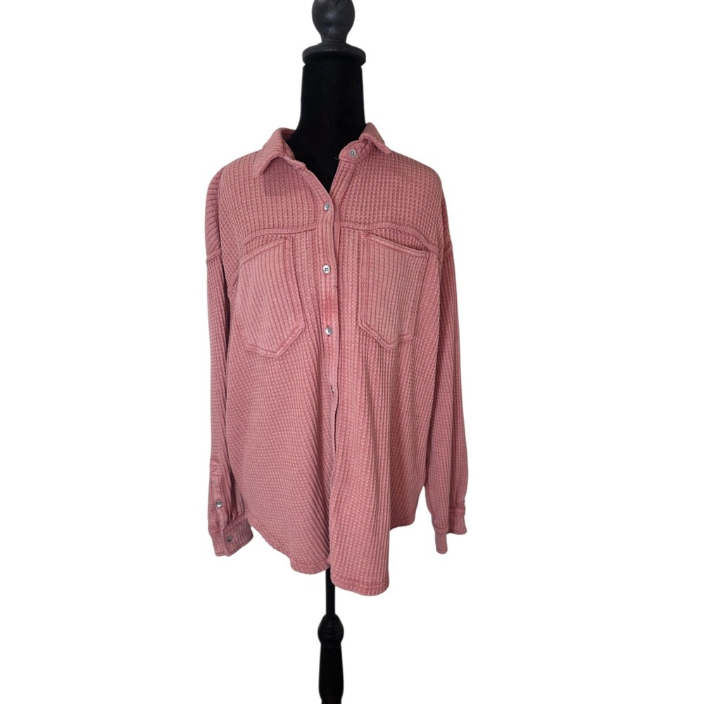 Aerie Shirt Jacket Large Pink Waffle Knit Long Sleeve Button Up Oversized